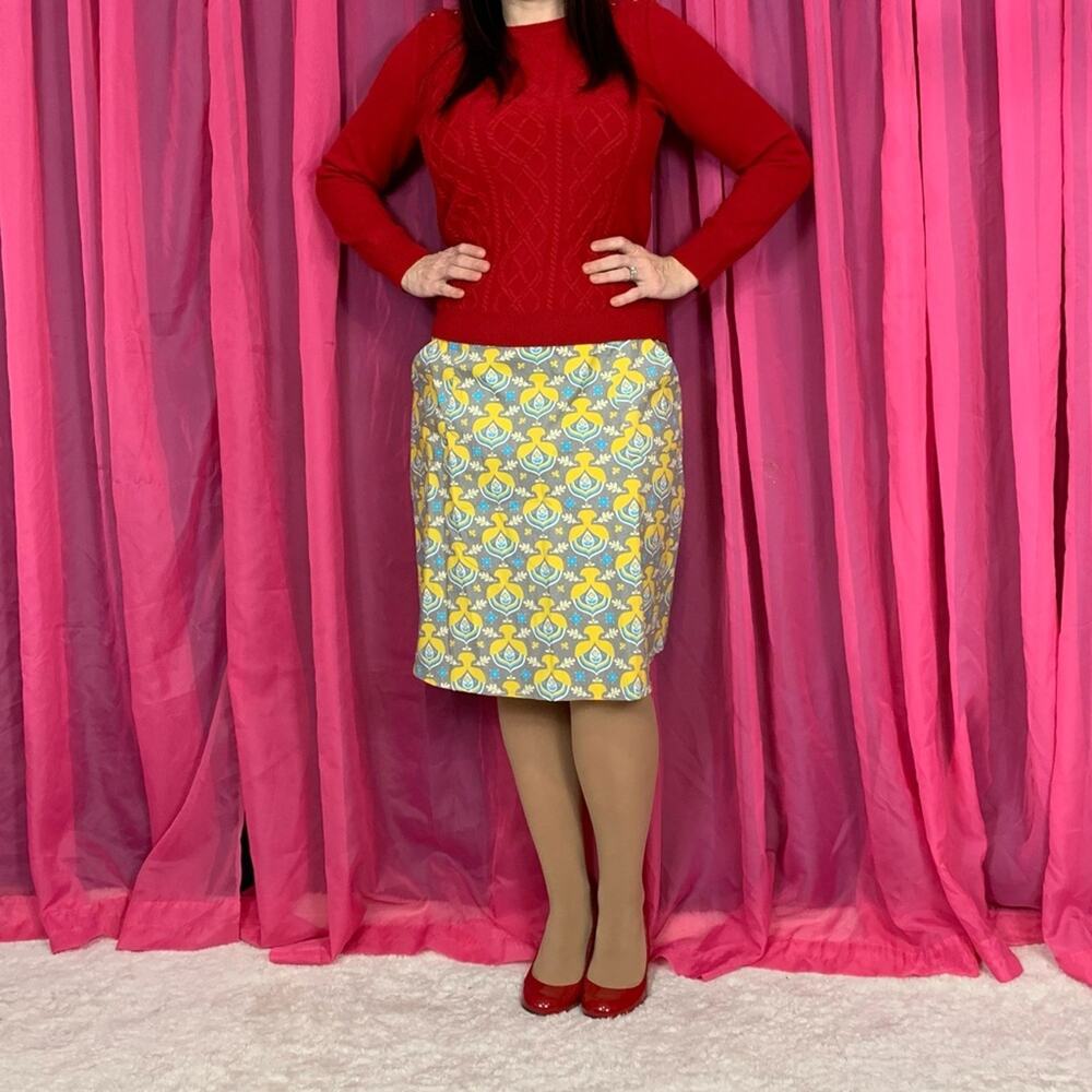 Blue Platypus yellow‎ and grey patterned midi skirt, L B2B1